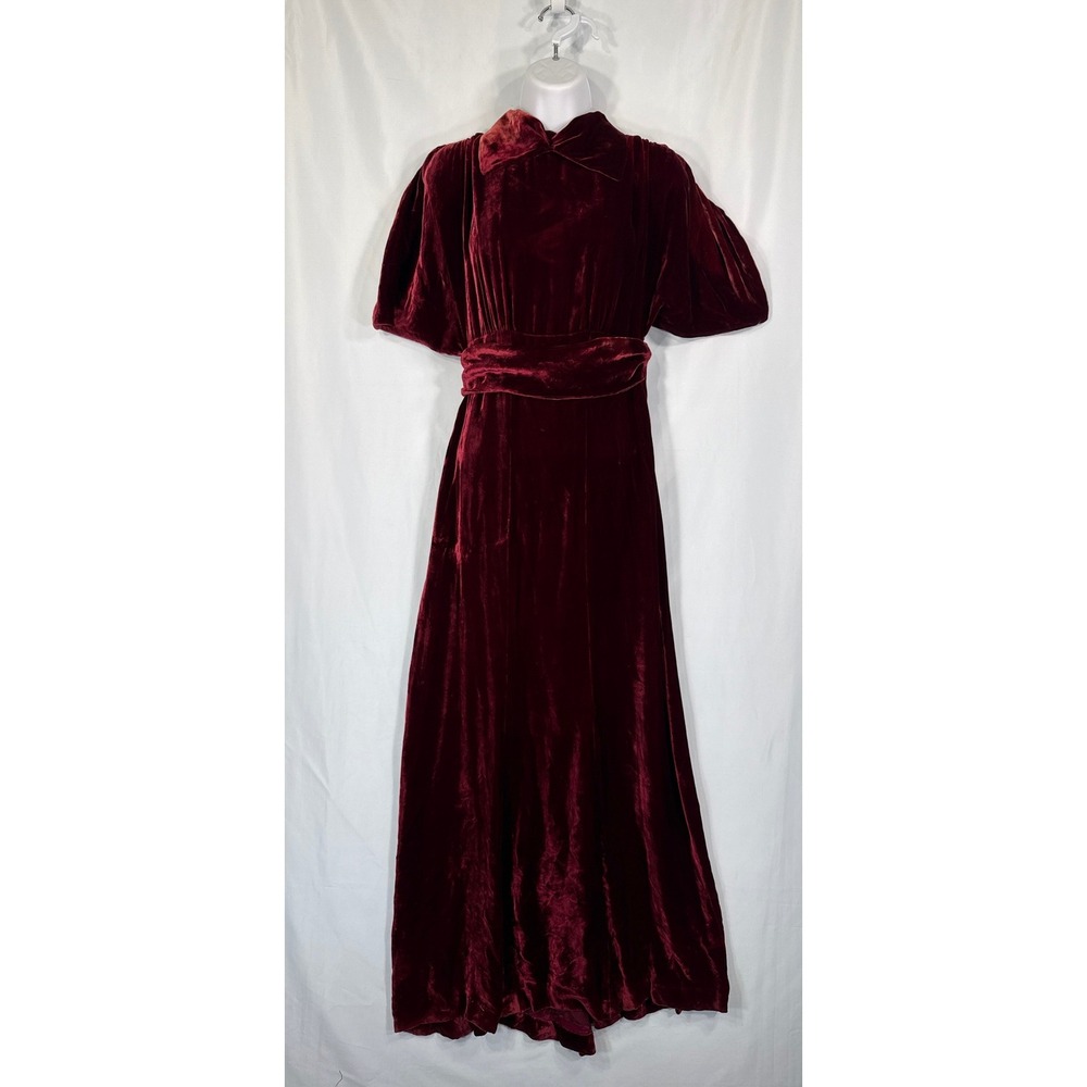 VTG Burgundy Red Velvet Maxi Dress Slit Sleeve Back Gown Old Hollywood Gothic